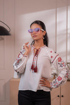 Juniper Lamora Off-White Boho Folk Peasant Top With Tassel Tie-Up Neck - Distacart