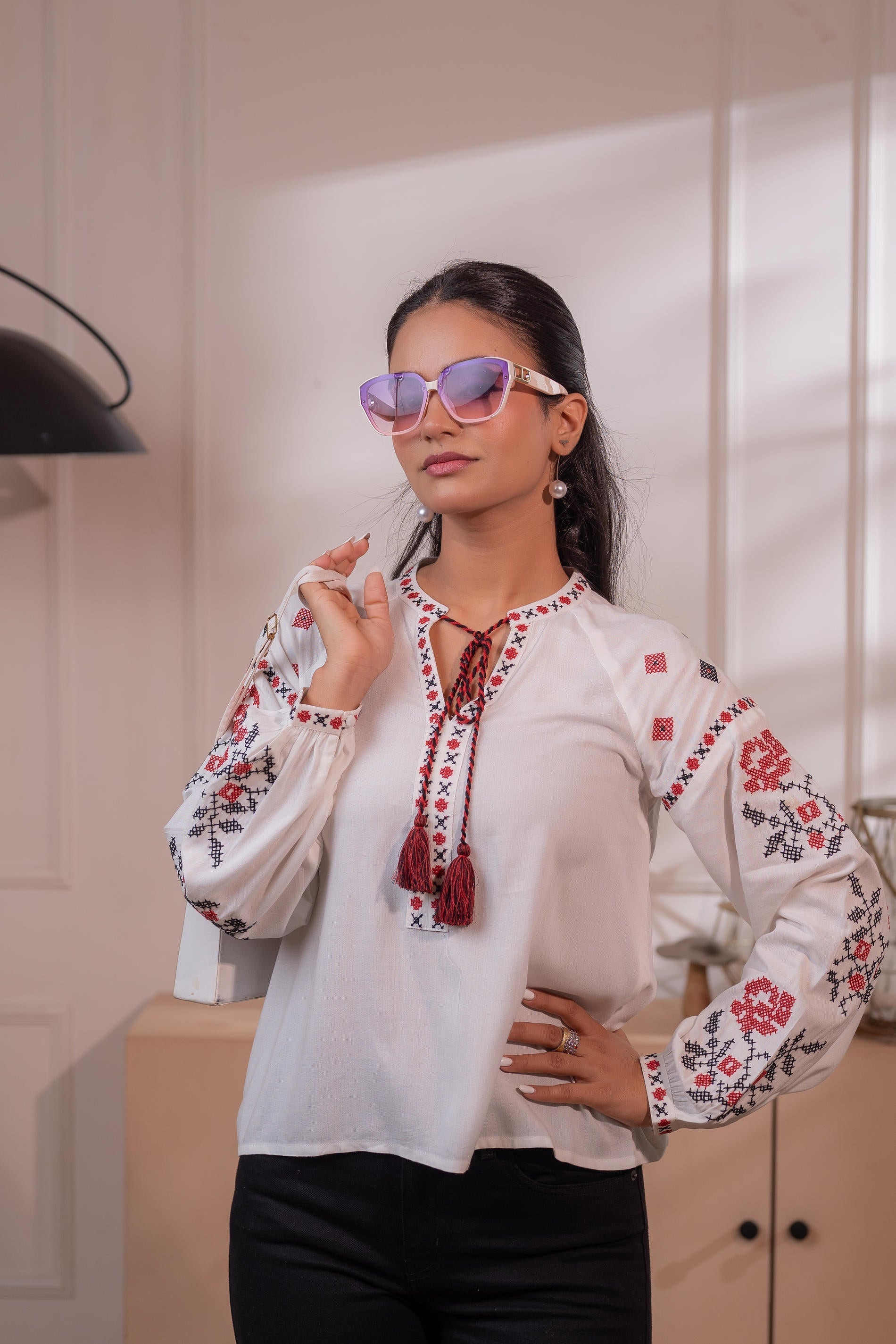 Juniper Lamora Off-White Boho Folk Peasant Top With Tassel Tie-Up Neck - Distacart