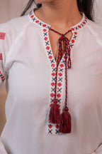 Juniper Lamora Off-White Boho Folk Peasant Top With Tassel Tie-Up Neck - Distacart
