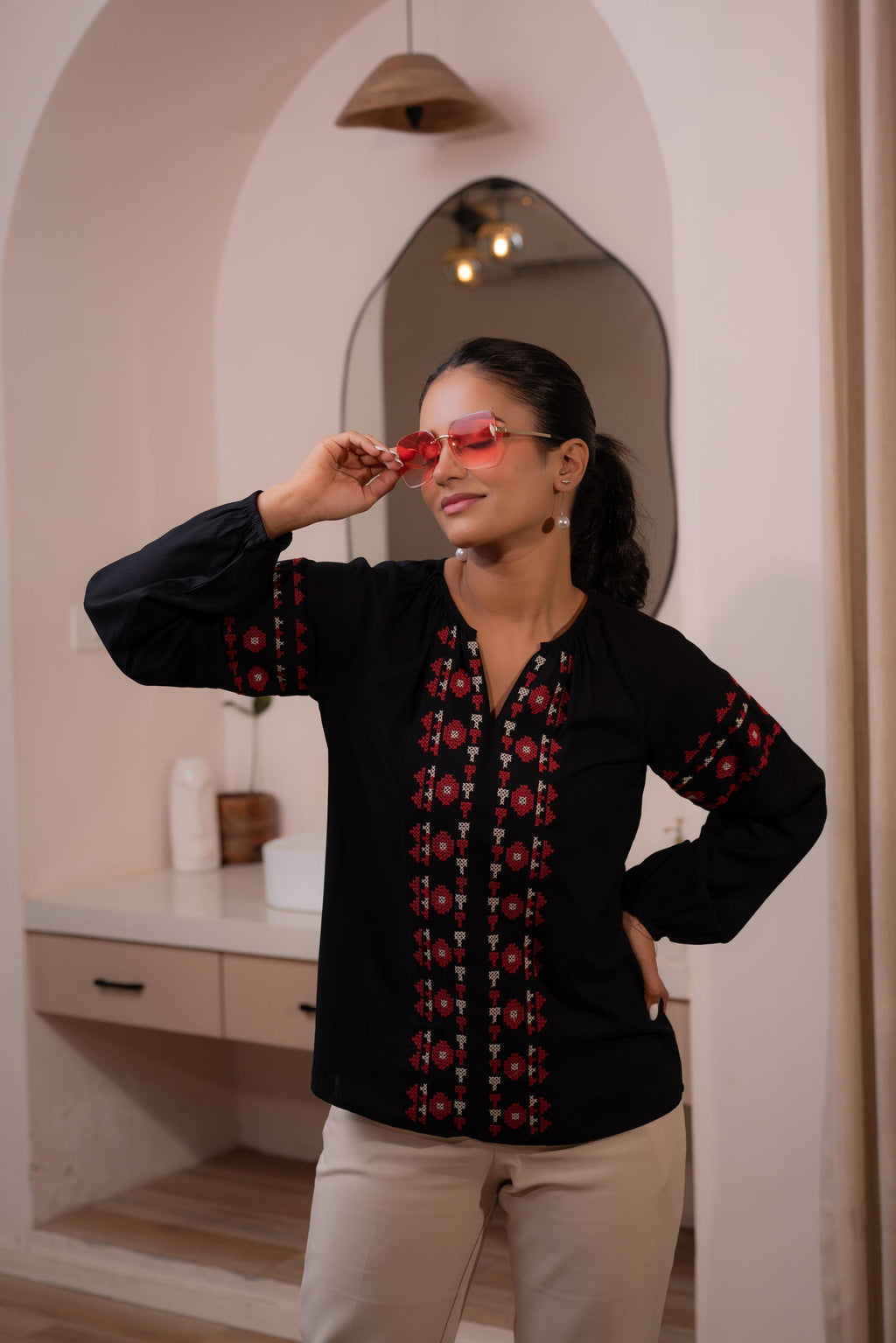 Juniper Lamora Black Boho Embroidered Tunic With Geometric Red Motifs - Distacart
