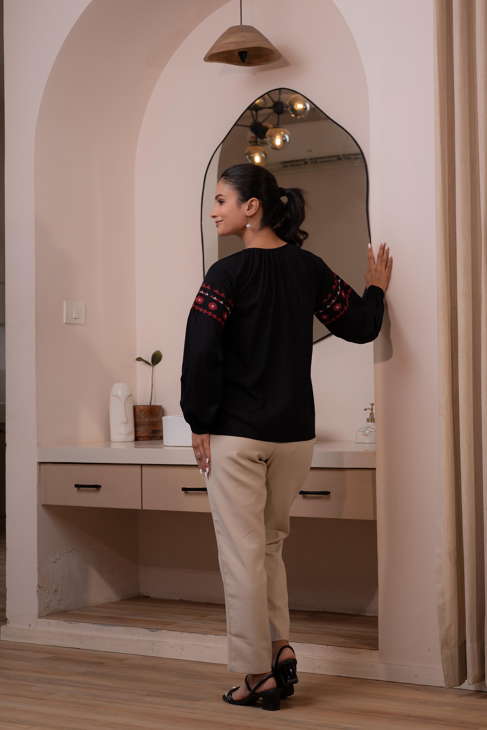 Juniper Lamora Black Boho Embroidered Tunic With Geometric Red Motifs - Distacart