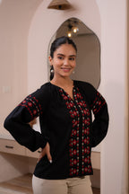 Juniper Lamora Black Boho Embroidered Tunic With Geometric Red Motifs - Distacart