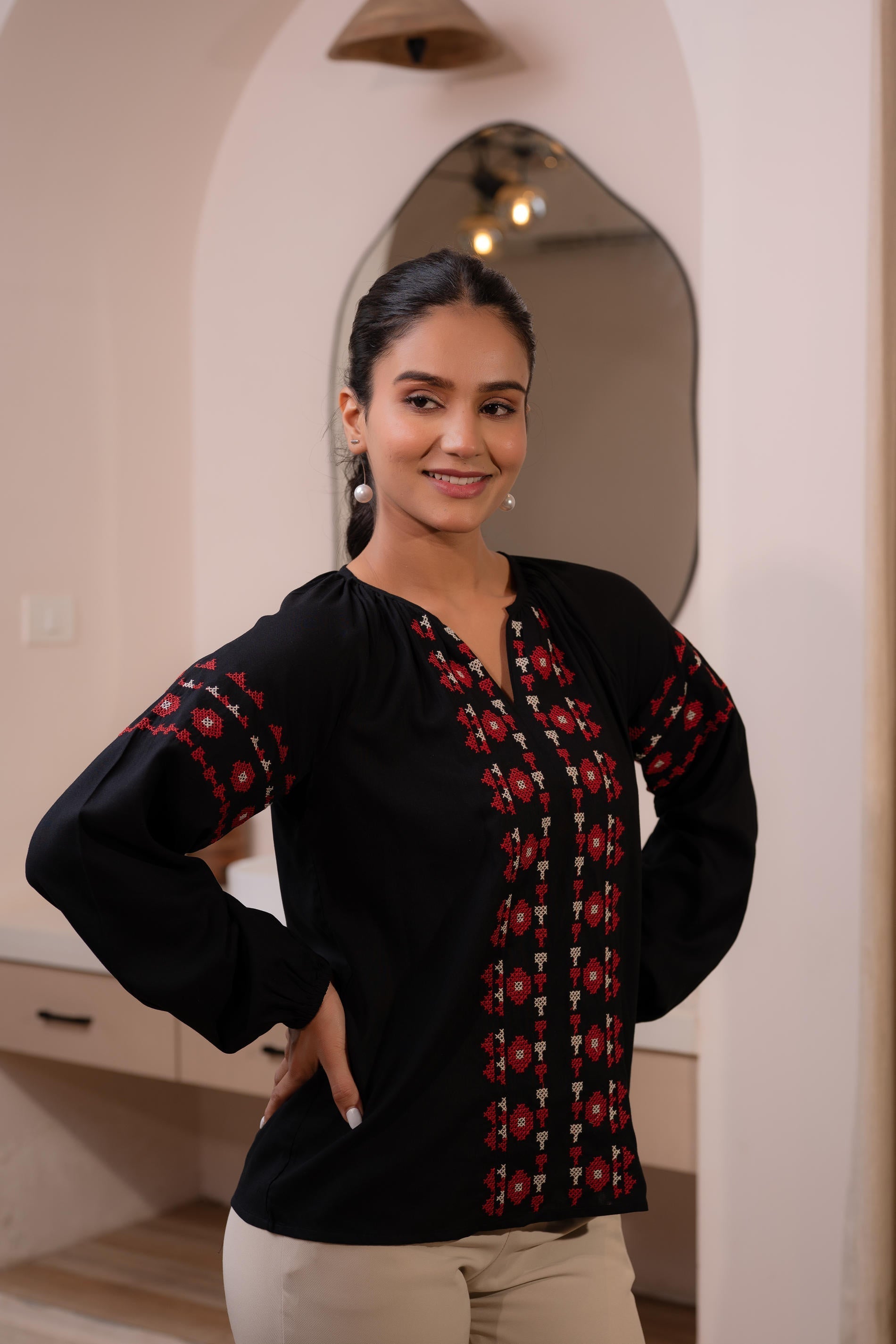 Juniper Lamora Black Boho Embroidered Tunic With Geometric Red Motifs - Distacart