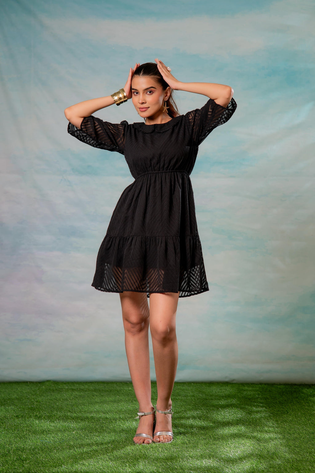 Juniper Lamora Black Chevron-Sheer Fit & Flare Mini Dress - Distacart