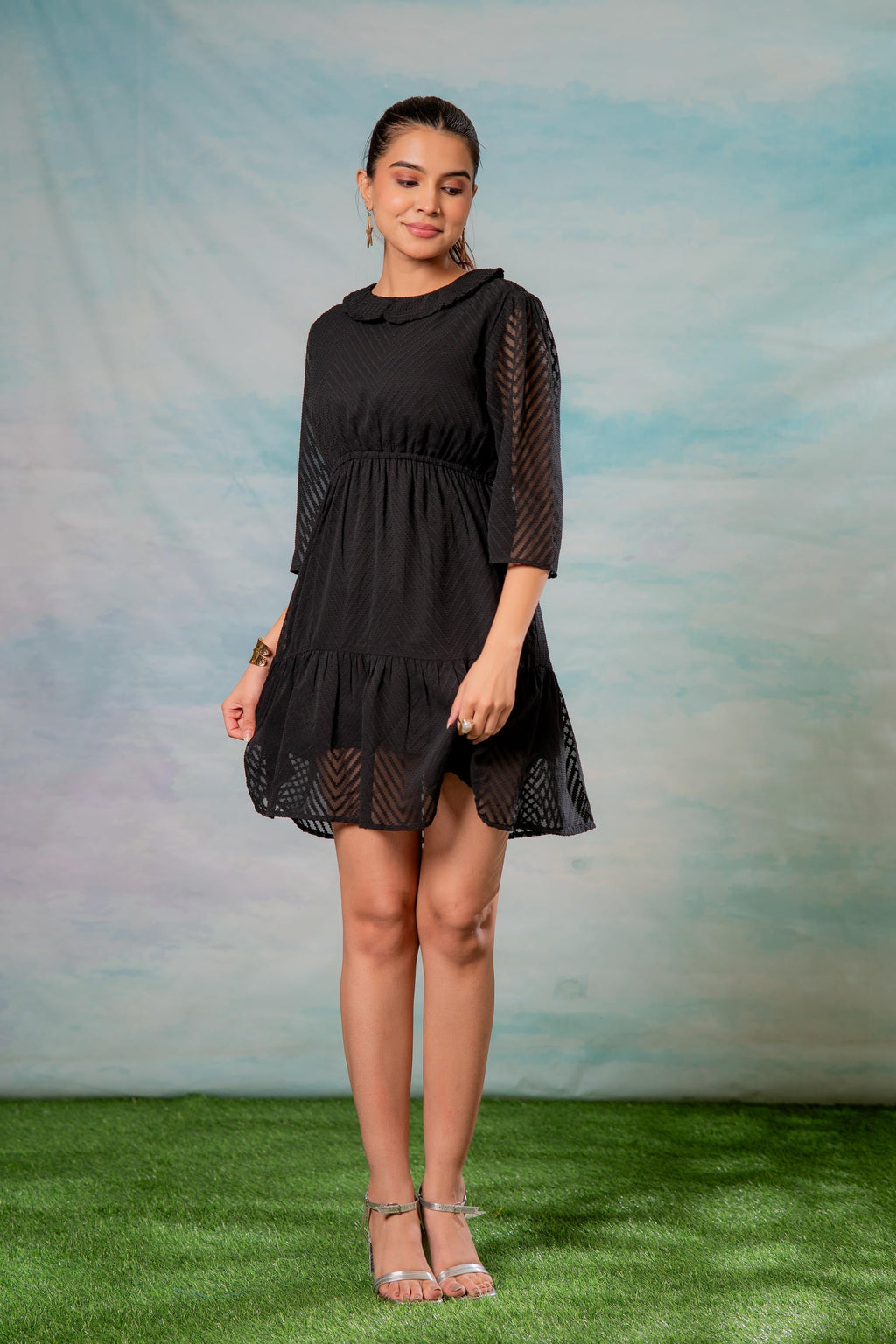 Juniper Lamora Black Chevron-Sheer Fit & Flare Mini Dress - Distacart