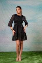 Juniper Lamora Black Chevron-Sheer Fit & Flare Mini Dress - Distacart