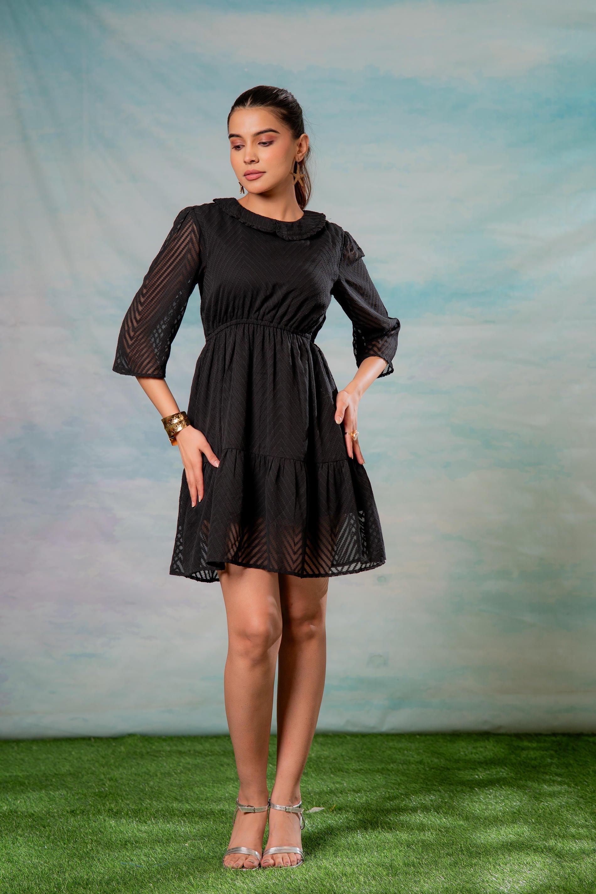 Juniper Lamora Black Chevron-Sheer Fit & Flare Mini Dress - Distacart