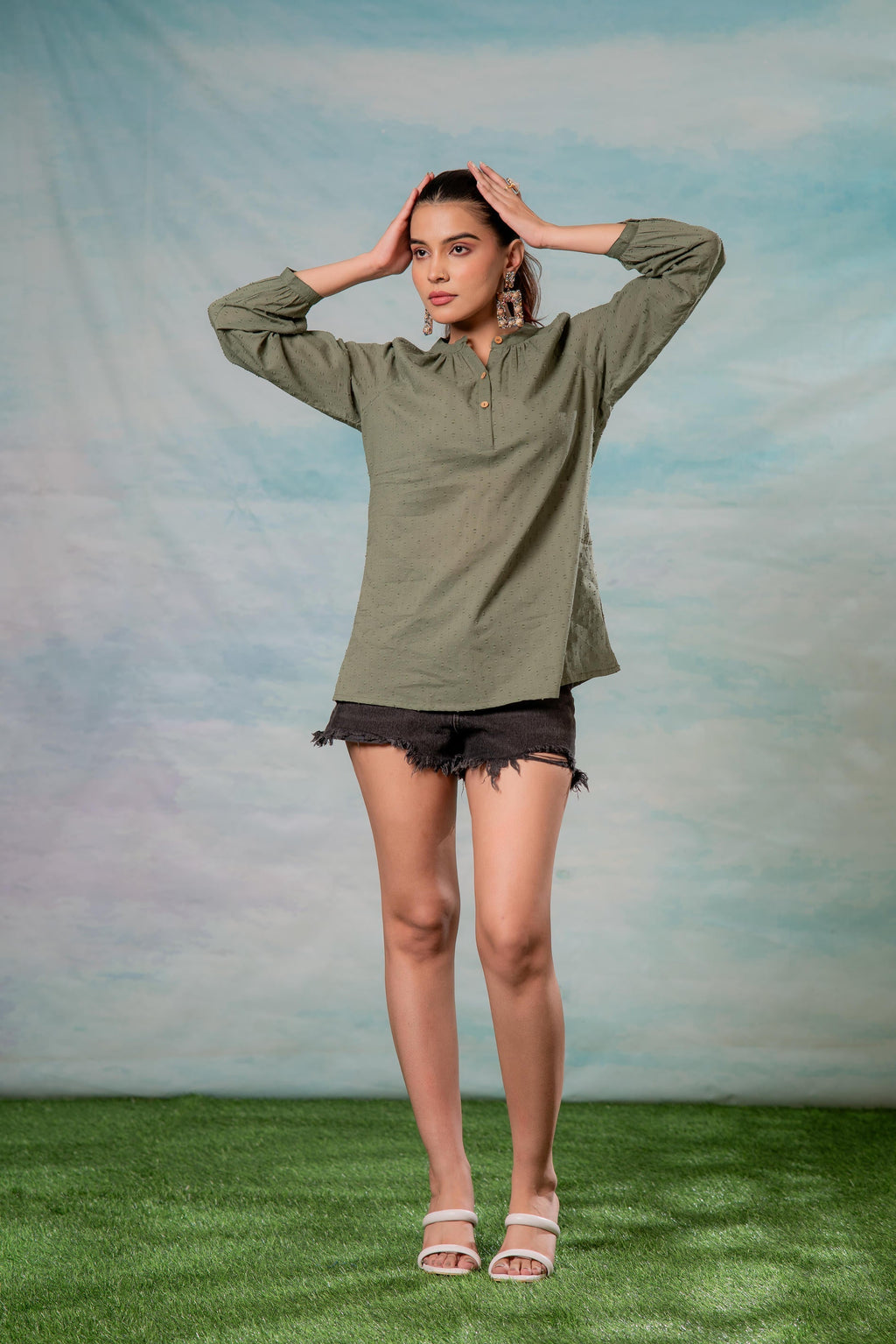 Juniper Lamora Olive Green Dobby-Textured Casual Tunic Top