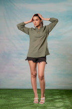 Juniper Lamora Olive Green Dobby-Textured Casual Tunic Top
