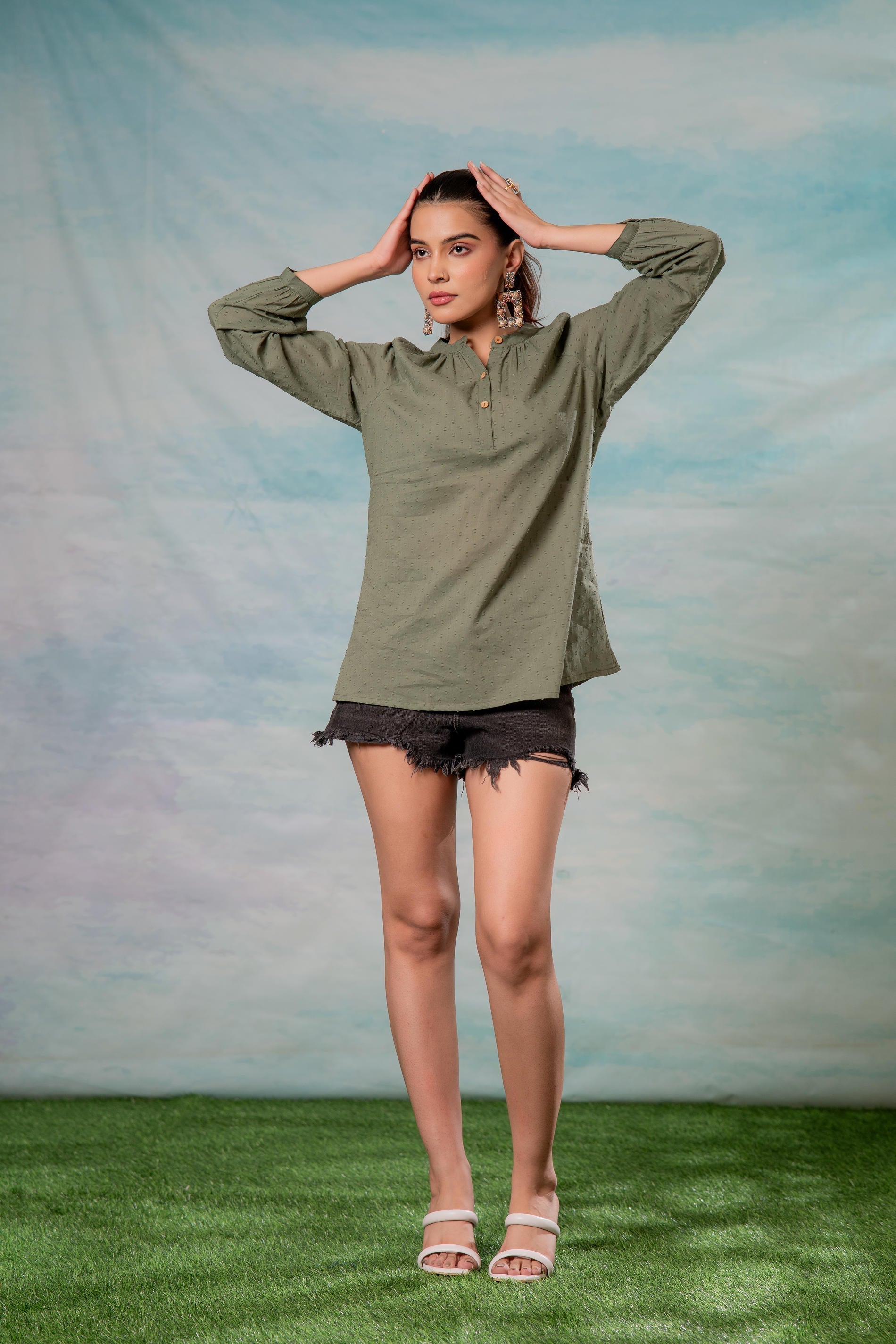 Juniper Lamora Olive Green Dobby-Textured Casual Tunic Top