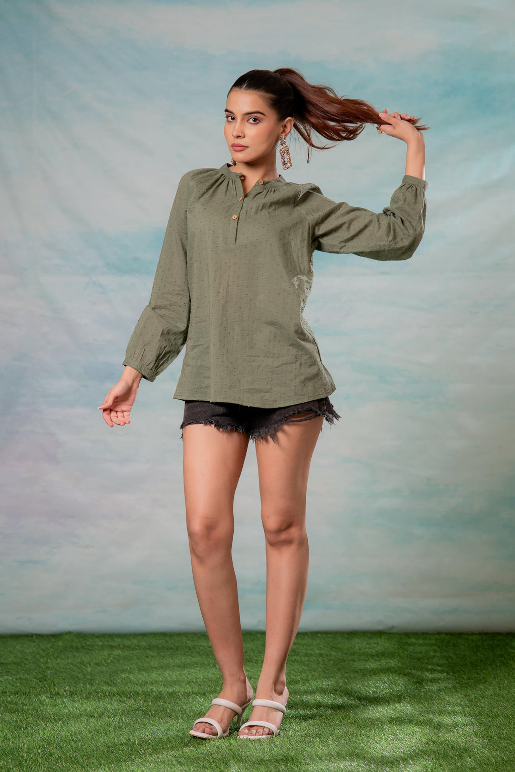 Juniper Lamora Olive Green Dobby-Textured Casual Tunic Top