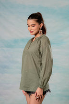 Juniper Lamora Olive Green Dobby-Textured Casual Tunic Top