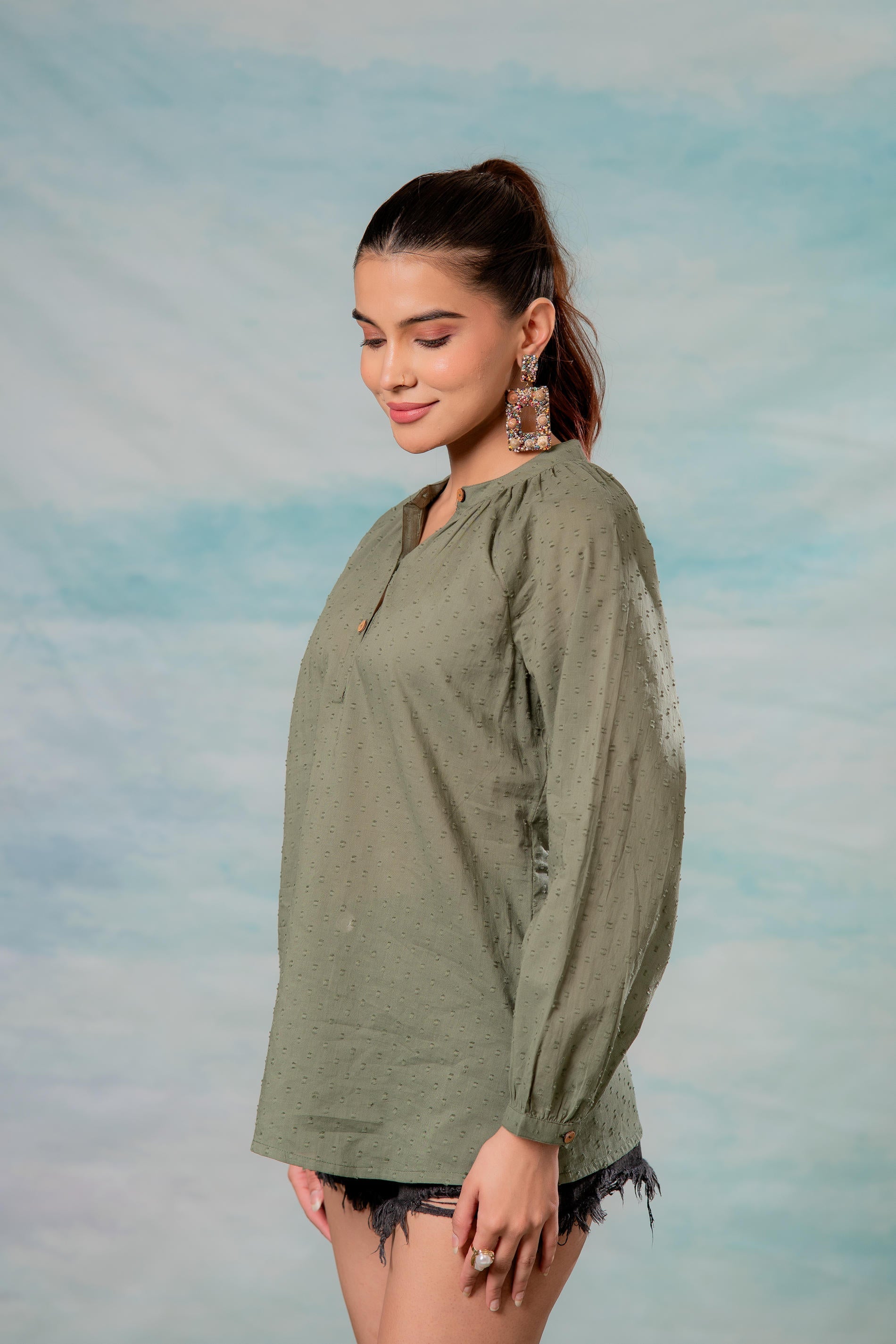 Juniper Lamora Olive Green Dobby-Textured Casual Tunic Top
