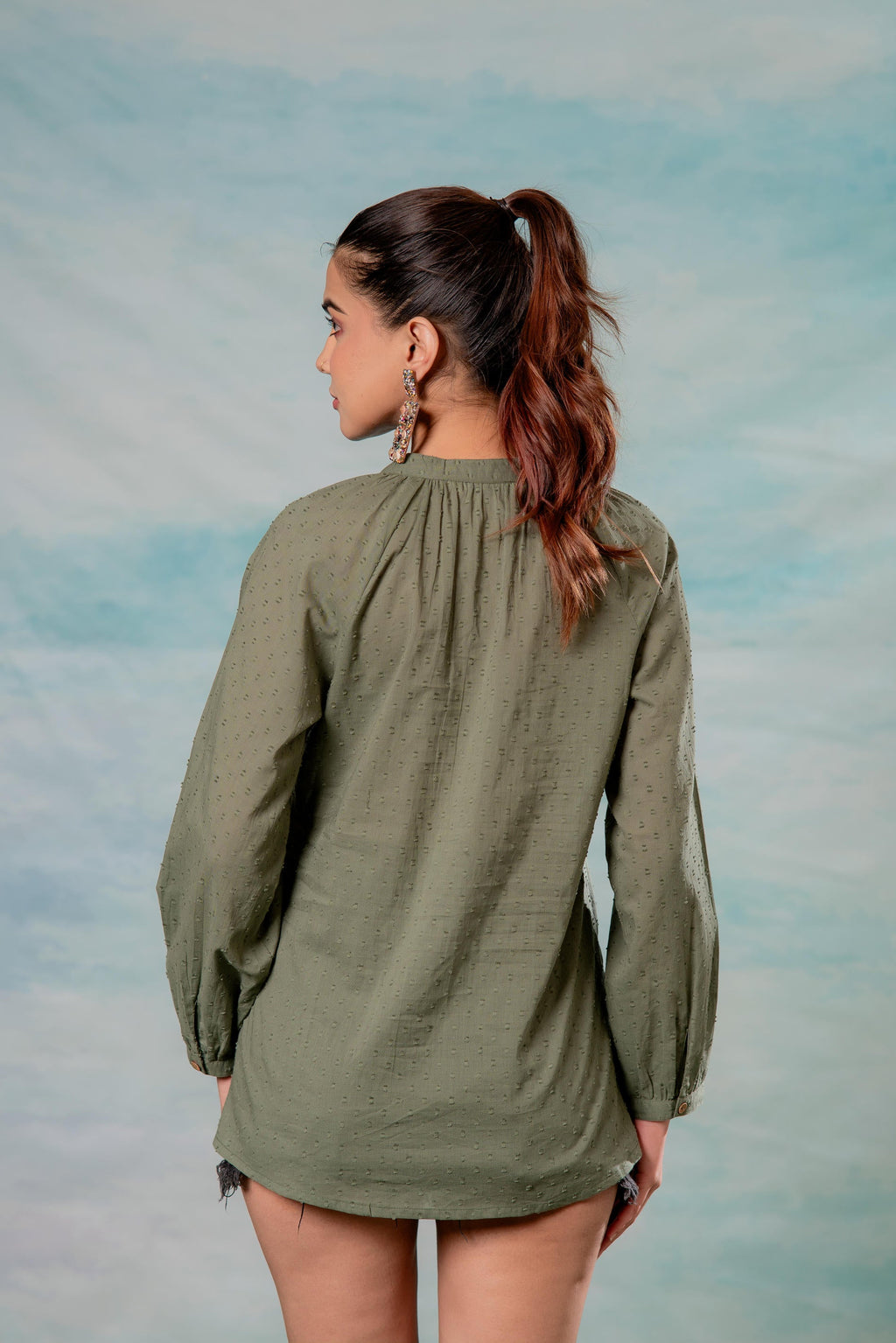 Juniper Lamora Olive Green Dobby-Textured Casual Tunic Top