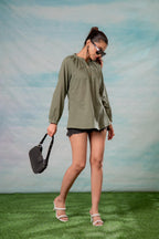 Juniper Lamora Olive Green Dobby-Textured Casual Tunic Top