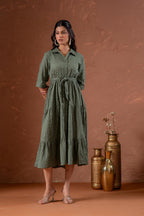 Juniper Sage Green Jacquard Tiered Shirt Dress With Waist Tie - Distacart