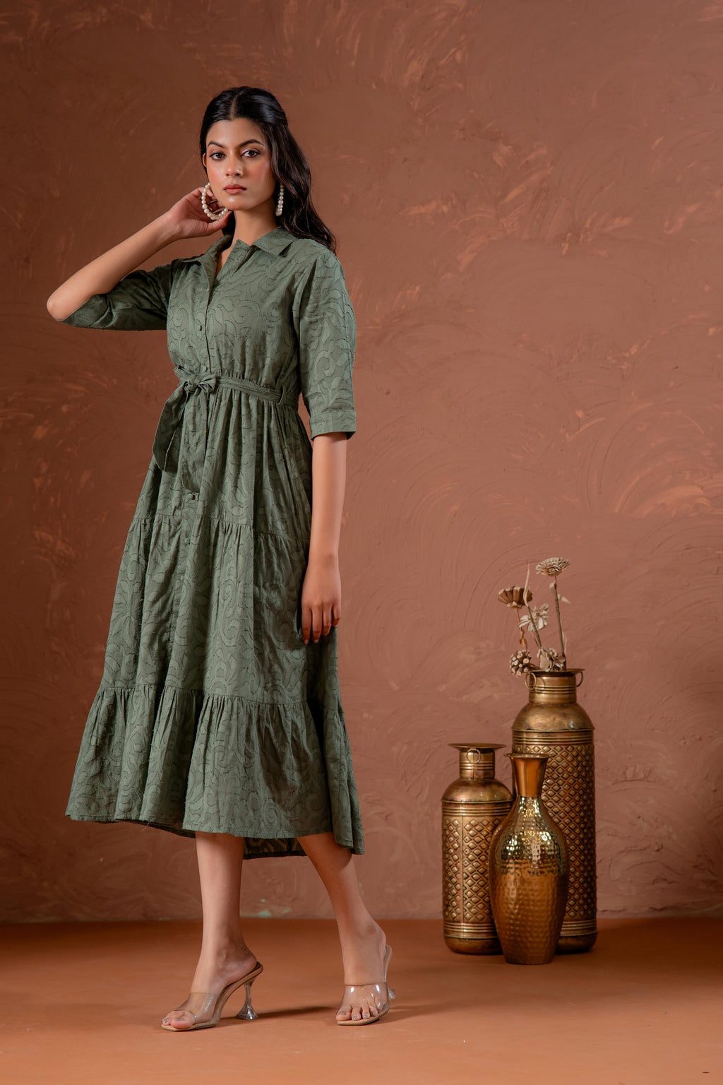 Juniper Sage Green Jacquard Tiered Shirt Dress With Waist Tie - Distacart