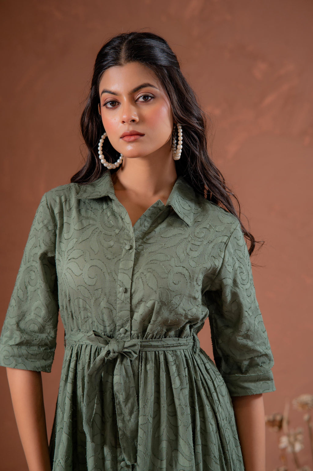 Juniper Sage Green Jacquard Tiered Shirt Dress With Waist Tie - Distacart
