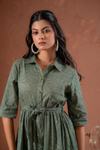 Juniper Sage Green Jacquard Tiered Shirt Dress With Waist Tie - Distacart