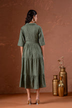 Juniper Sage Green Jacquard Tiered Shirt Dress With Waist Tie - Distacart