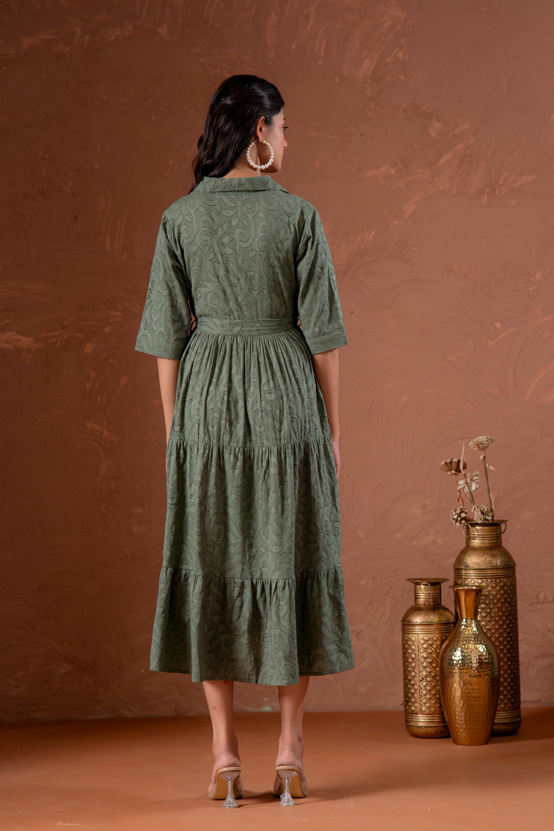Juniper Sage Green Jacquard Tiered Shirt Dress With Waist Tie - Distacart