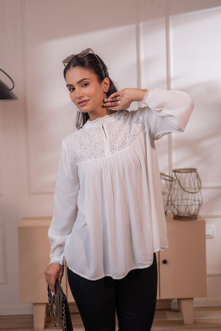 Juniper Lamora Off-White Eyelet Yoke Gathered Peasant Top