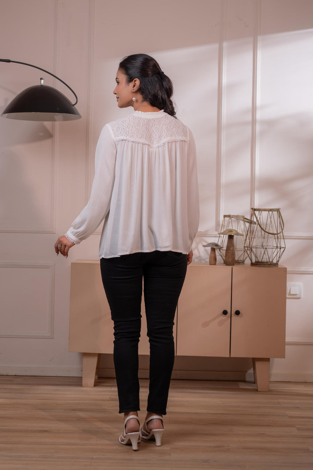 Juniper Lamora Off-White Eyelet Yoke Gathered Peasant Top - Distacart