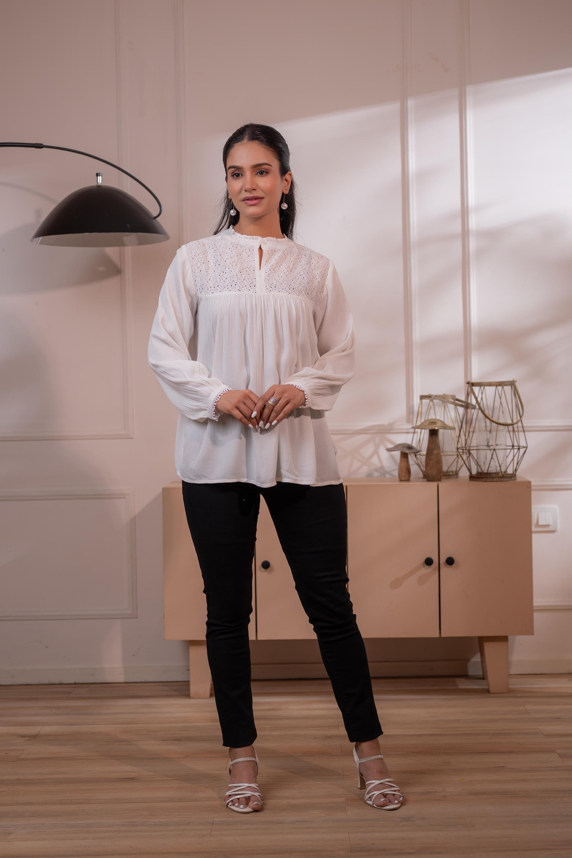 Juniper Lamora Off-White Eyelet Yoke Gathered Peasant Top - Distacart