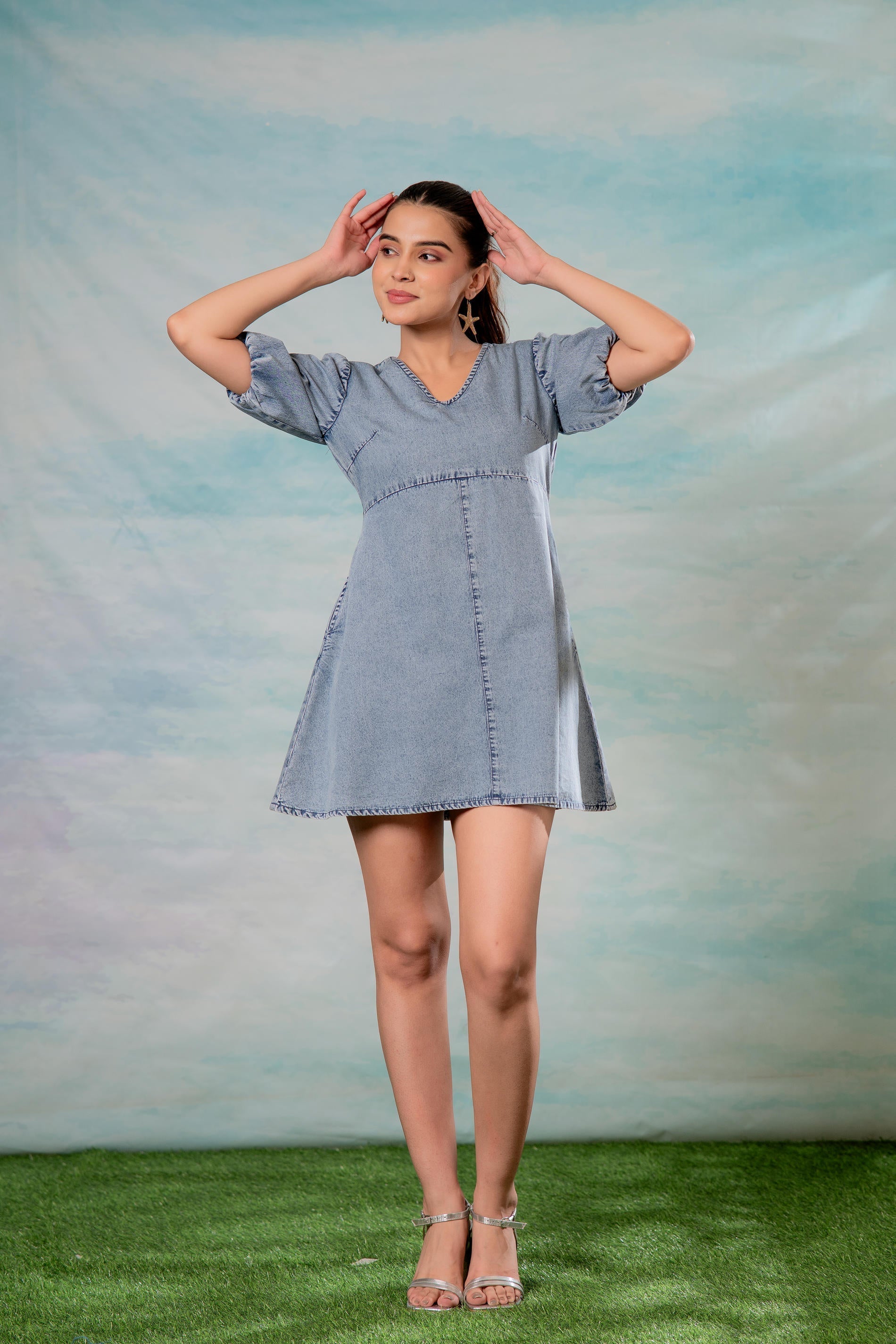 Juniper Lamora Light Blue Denim A-Line Mini Dress With Puff Sleeves - Distacart