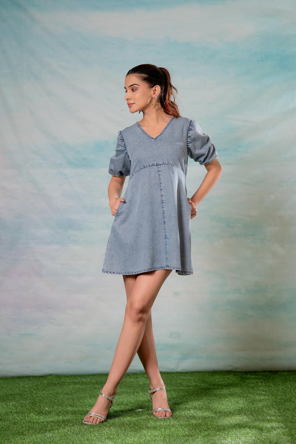 Juniper Lamora Light Blue Denim A-Line Mini Dress With Puff Sleeves - Distacart