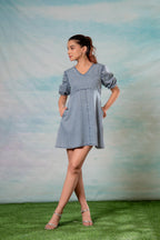 Juniper Lamora Light Blue Denim A-Line Mini Dress With Puff Sleeves - Distacart