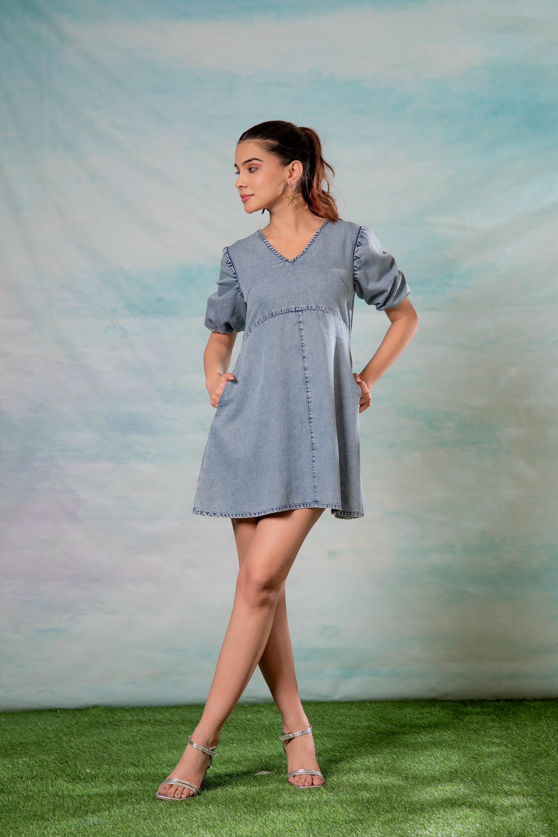 Juniper Lamora Light Blue Denim A-Line Mini Dress With Puff Sleeves - Distacart