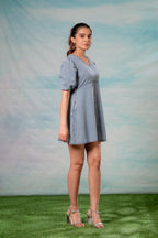 Juniper Lamora Light Blue Denim A-Line Mini Dress With Puff Sleeves - Distacart