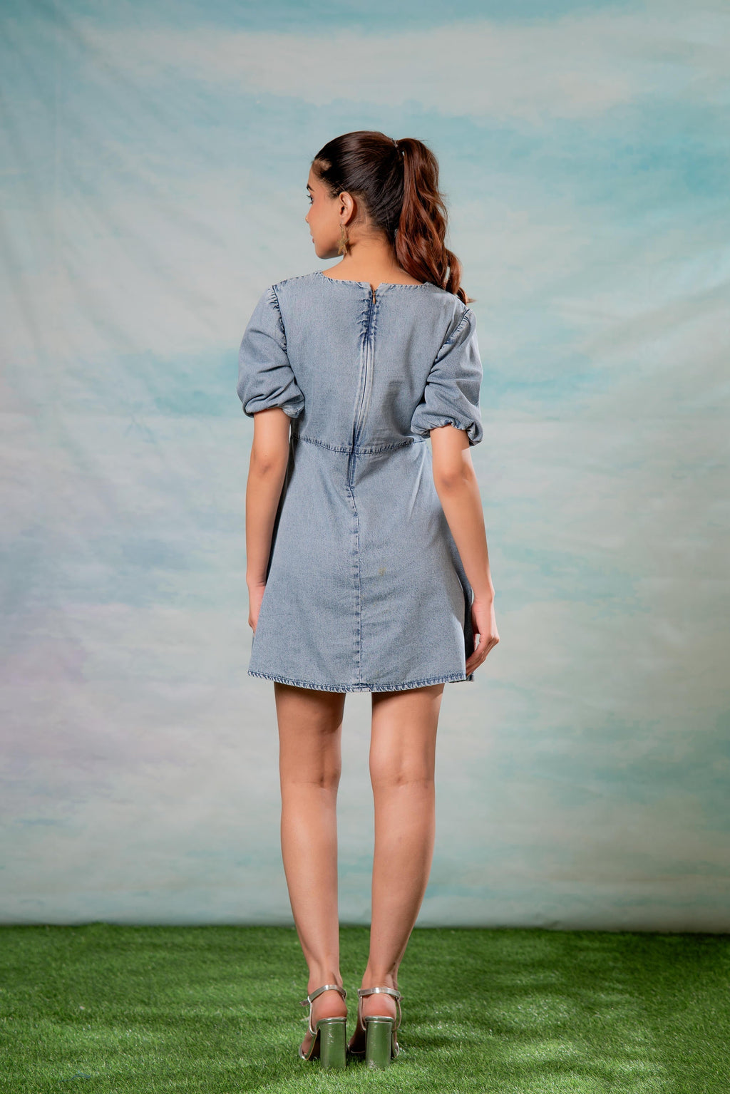 Juniper Lamora Light Blue Denim A-Line Mini Dress With Puff Sleeves - Distacart
