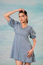Juniper Lamora Light Blue Denim A-Line Mini Dress With Puff Sleeves - Distacart