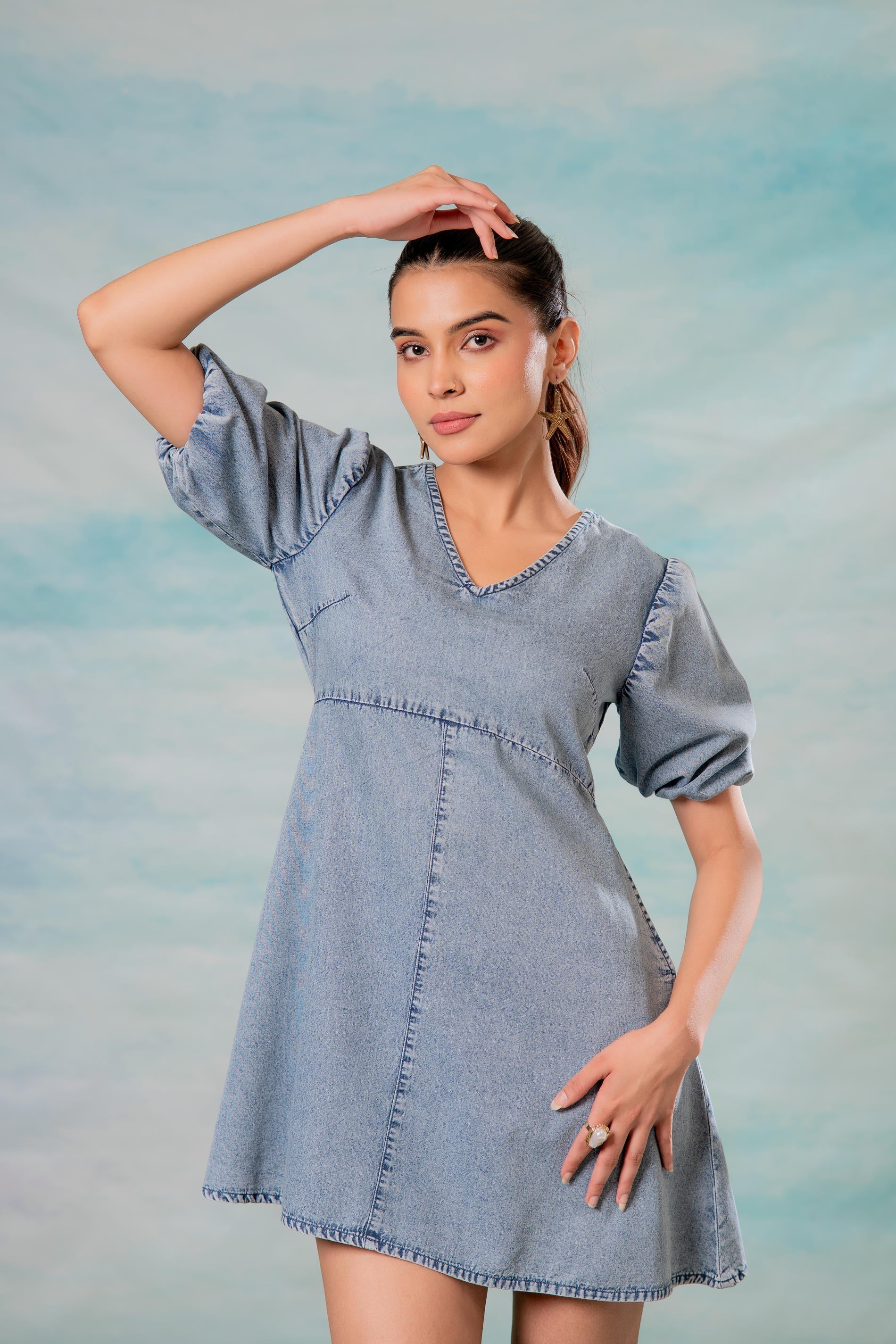 Juniper Lamora Light Blue Denim A-Line Mini Dress With Puff Sleeves - Distacart
