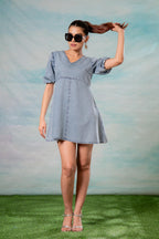 Juniper Lamora Light Blue Denim A-Line Mini Dress With Puff Sleeves - Distacart