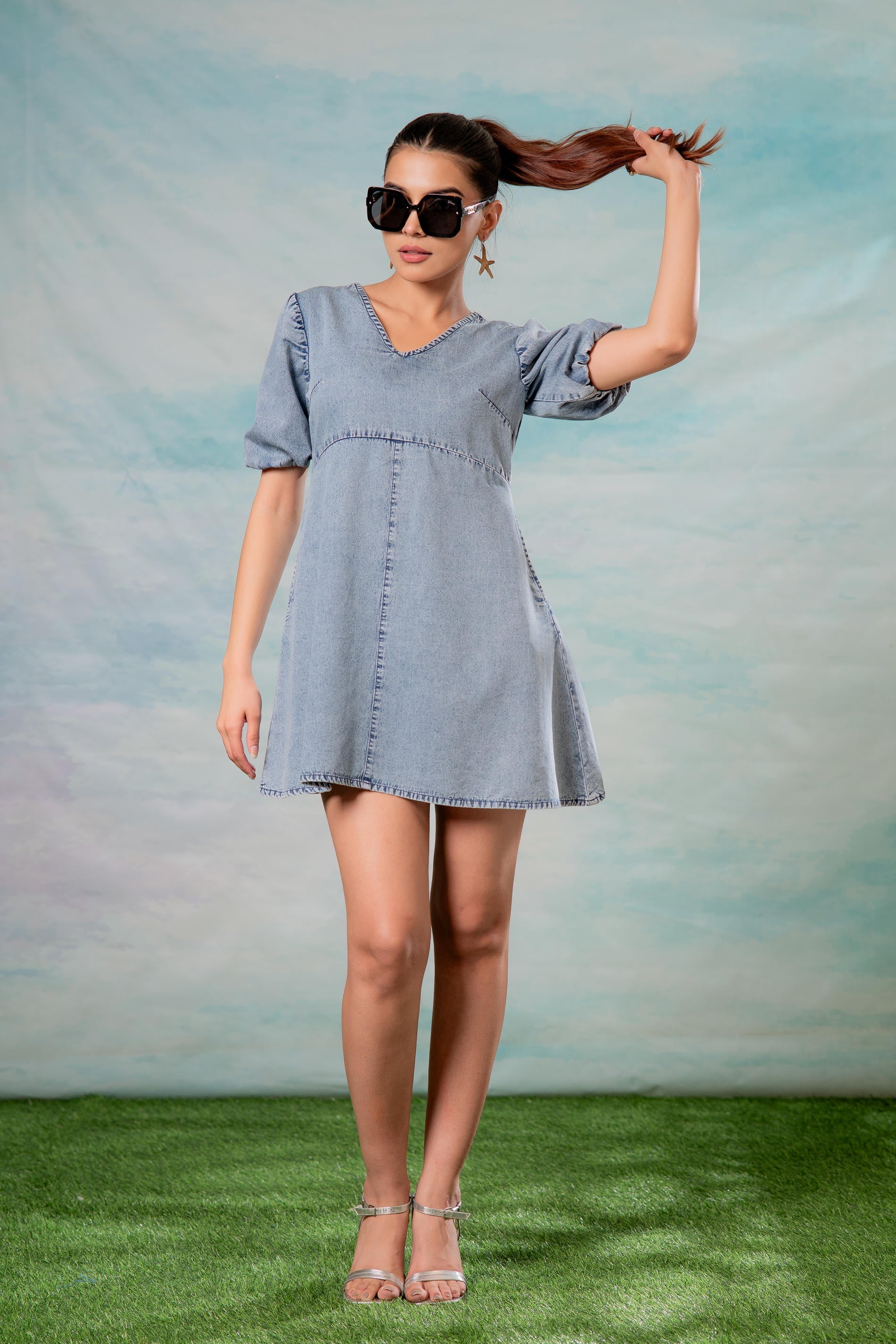 Juniper Lamora Light Blue Denim A-Line Mini Dress With Puff Sleeves - Distacart