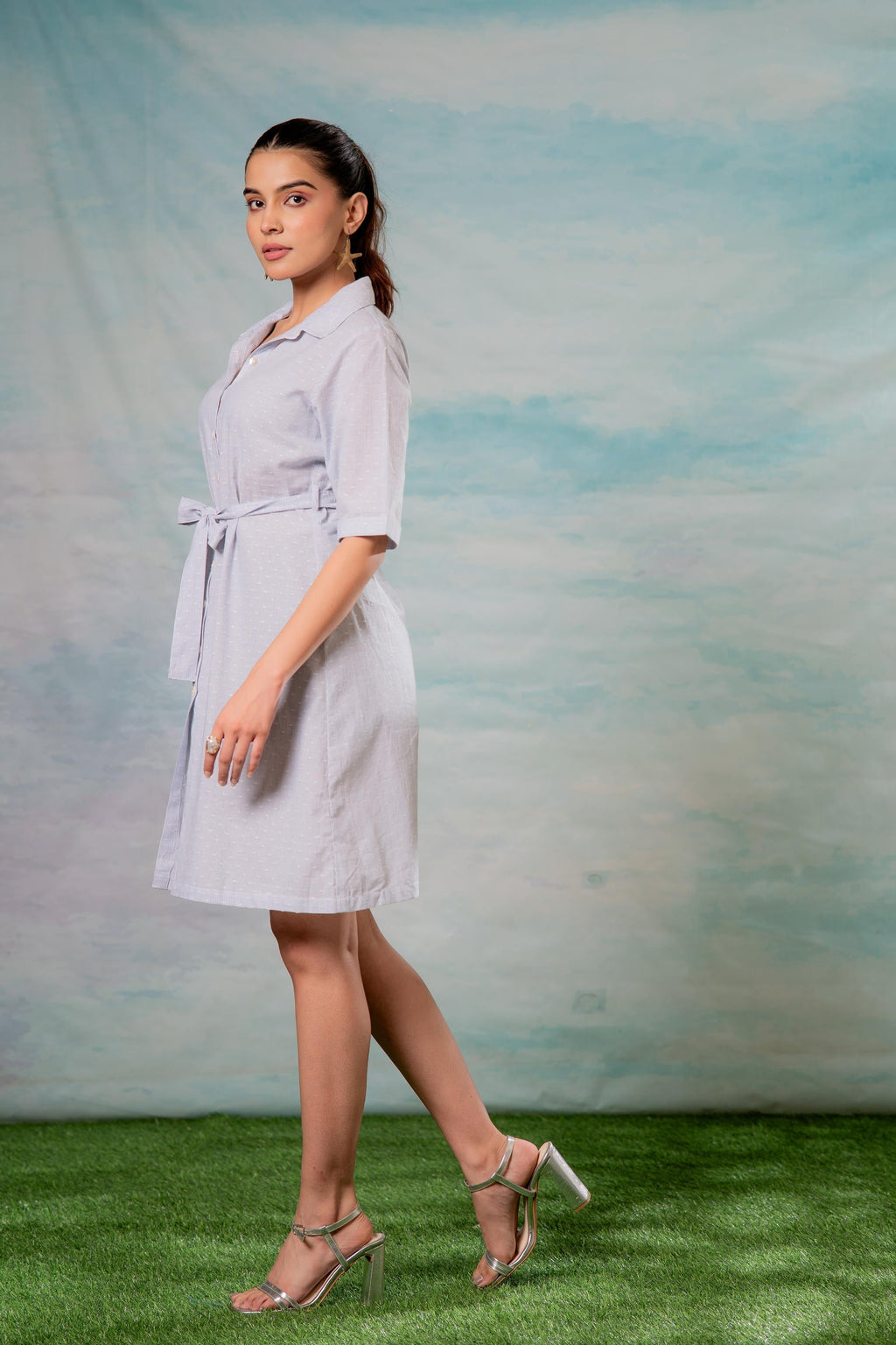 Juniper Lamora Women? Light Aqua Shirt Dress With Front Tie-Up Belt - Distacart