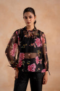 Juniper Lamora Black Sheer Floral Tie-Neck Statement Top