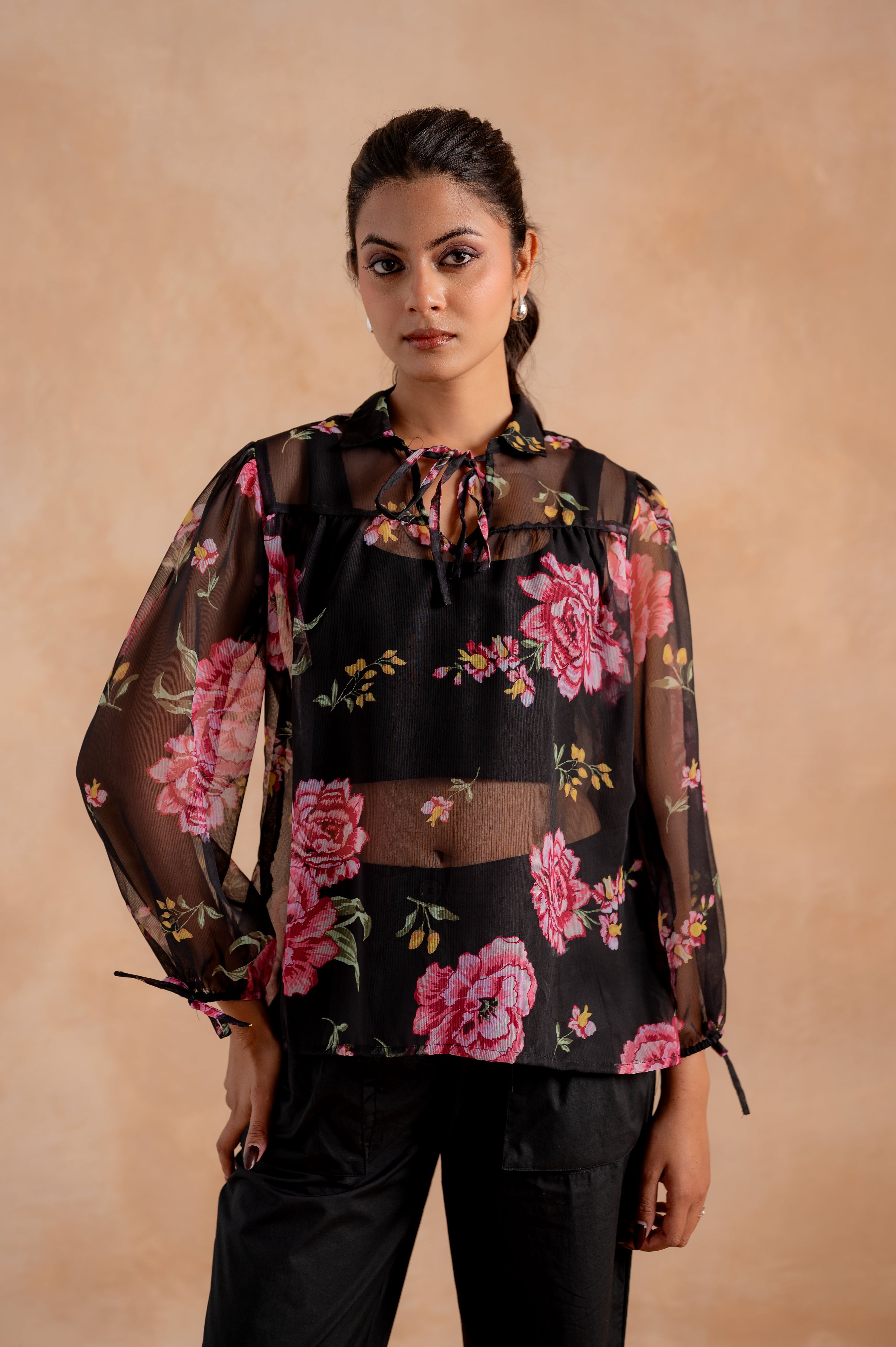 Juniper Lamora Black Sheer Floral Tie-Neck Statement Top