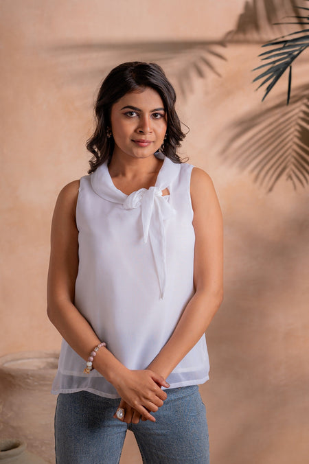 Juniper Lamora Elegant White Sleeveless Bow-Neck Layered Hem Top