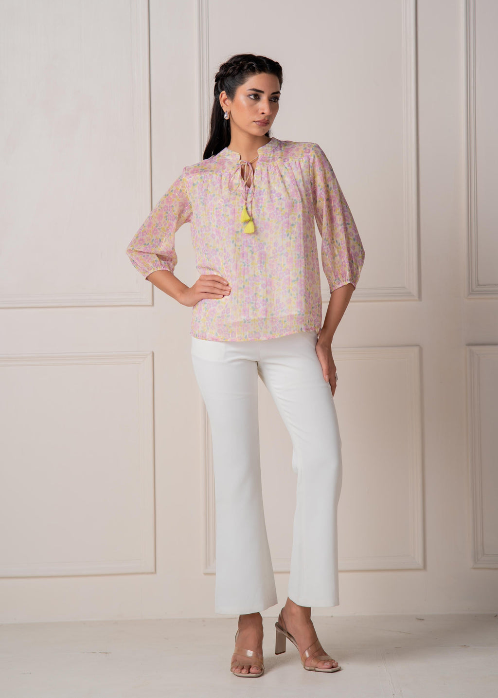 Juniper Lamora Pastel Floral Tie-Neck Peasant Top With Tassels - Distacart