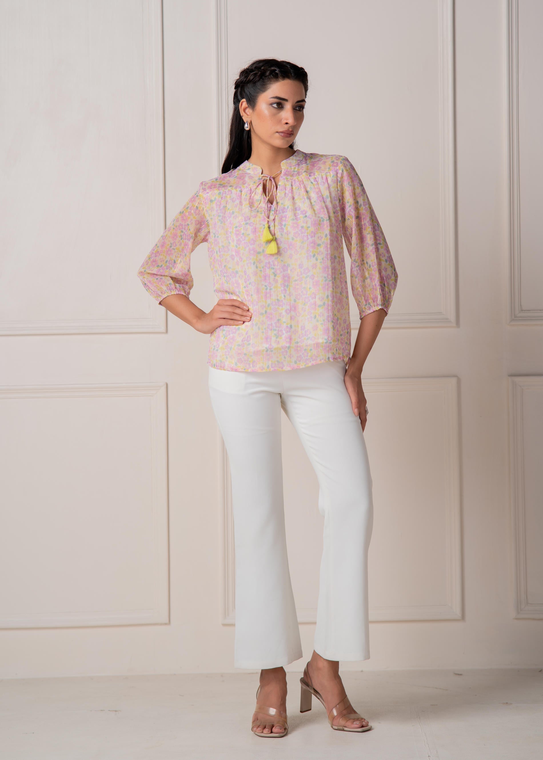 Juniper Lamora Pastel Floral Tie-Neck Peasant Top With Tassels - Distacart