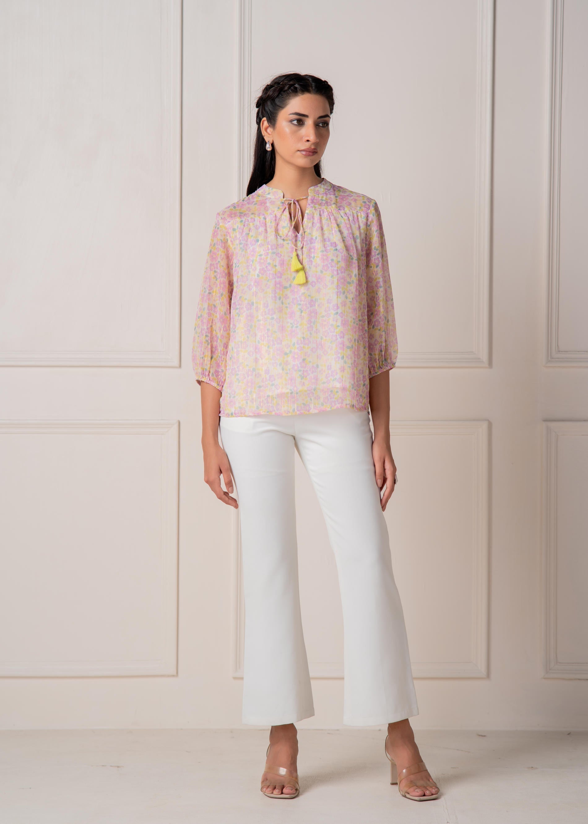 Juniper Lamora Pastel Floral Tie-Neck Peasant Top With Tassels - Distacart
