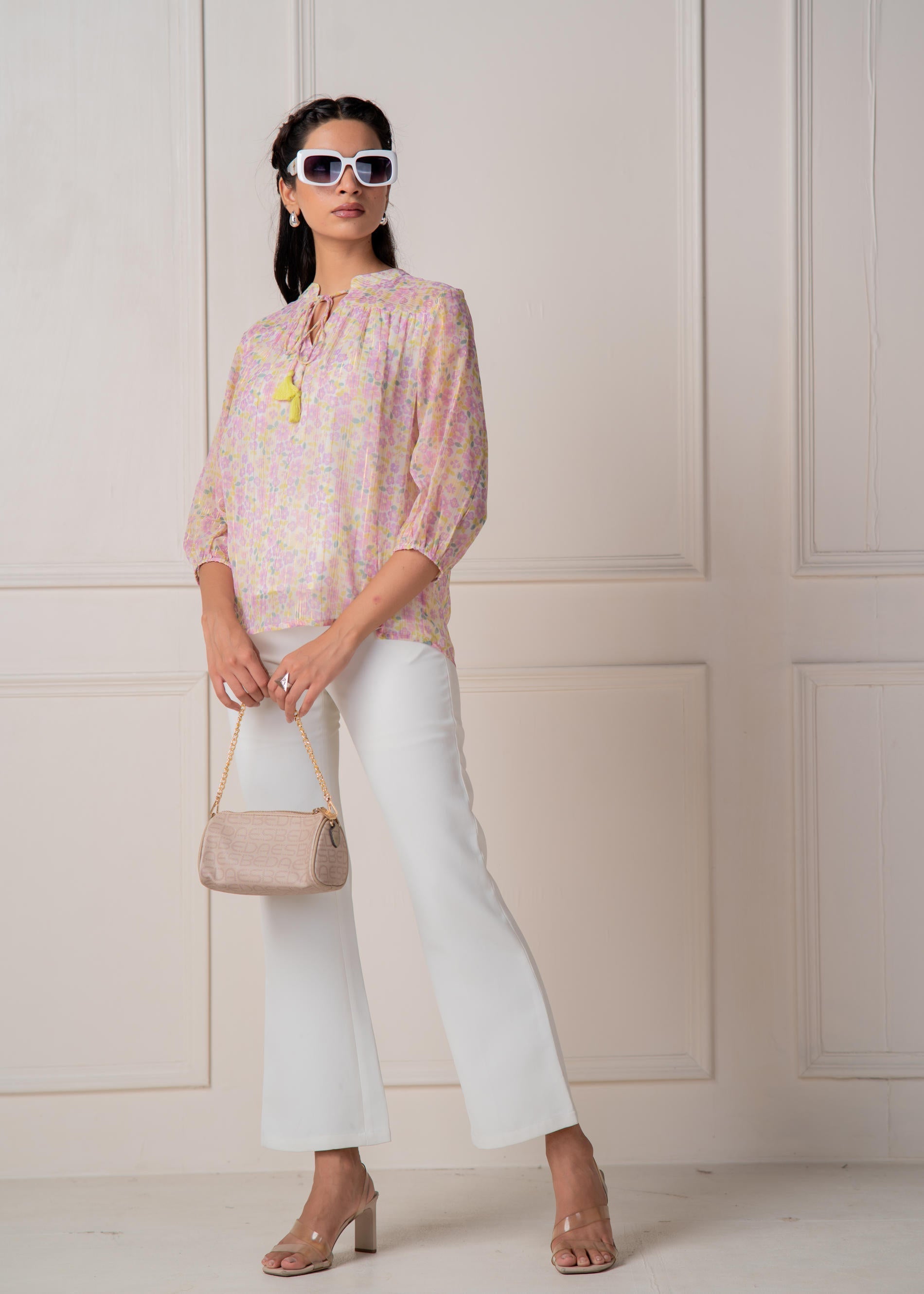 Juniper Lamora Pastel Floral Tie-Neck Peasant Top With Tassels - Distacart