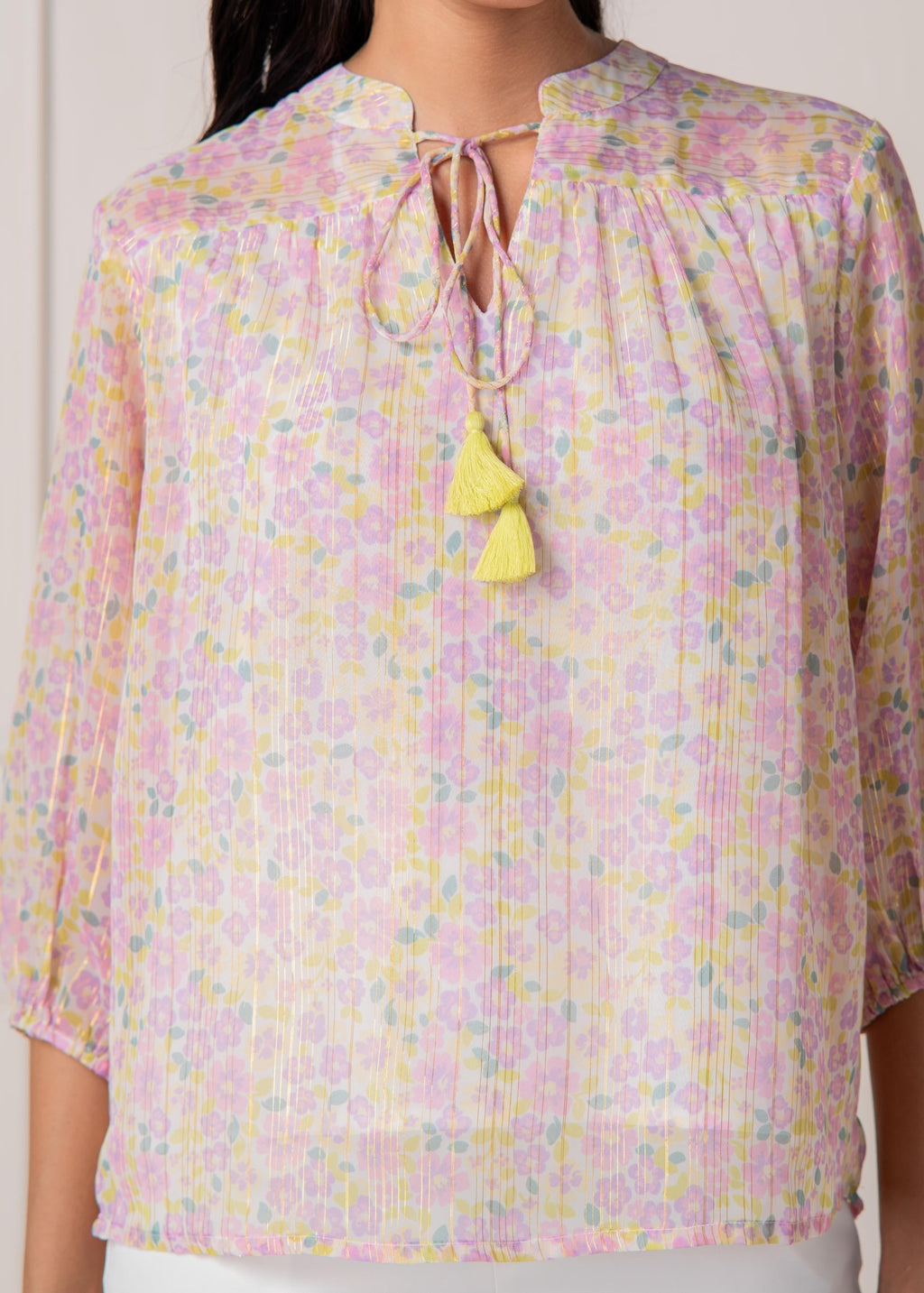 Juniper Lamora Pastel Floral Tie-Neck Peasant Top With Tassels - Distacart
