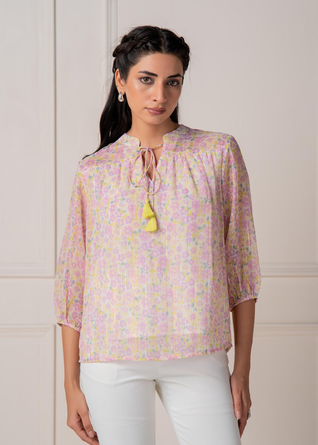 Juniper Lamora Pastel Floral Tie-Neck Peasant Top With Tassels - Distacart