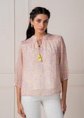 Juniper Lamora Pastel Floral Tie-Neck Peasant Top With Tassels - Distacart