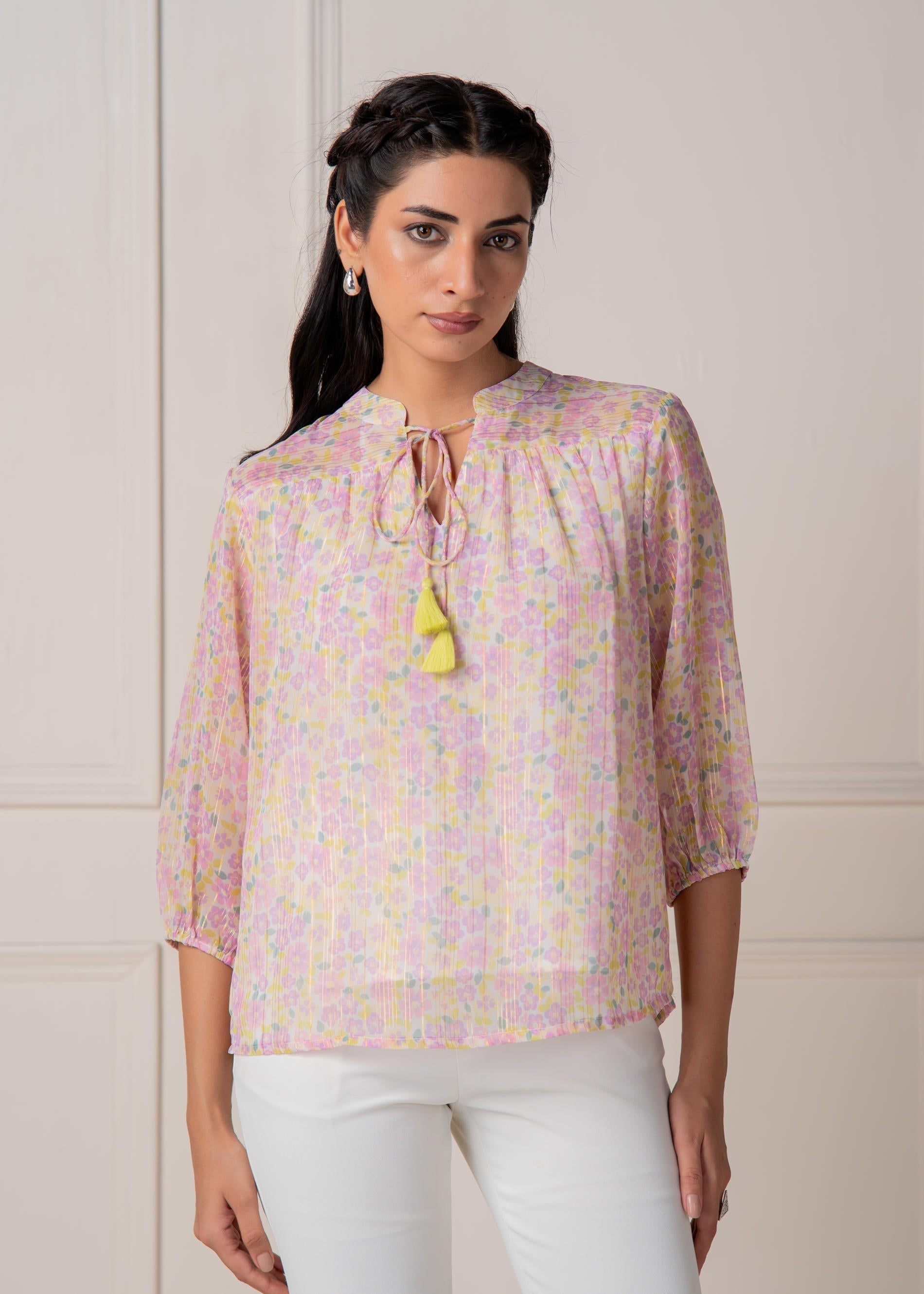 Juniper Lamora Pastel Floral Tie-Neck Peasant Top With Tassels - Distacart
